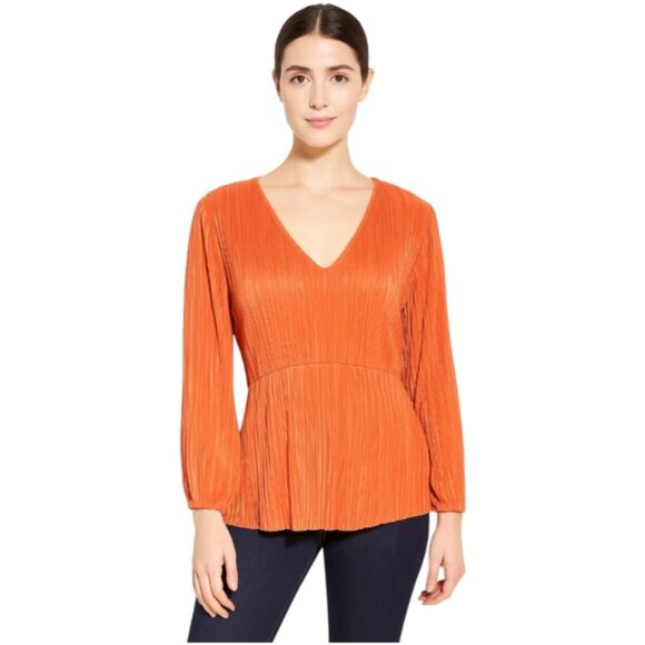 Halogen Tops - Halogen Small Orange Long Sleeve V Neck Micropleated Top